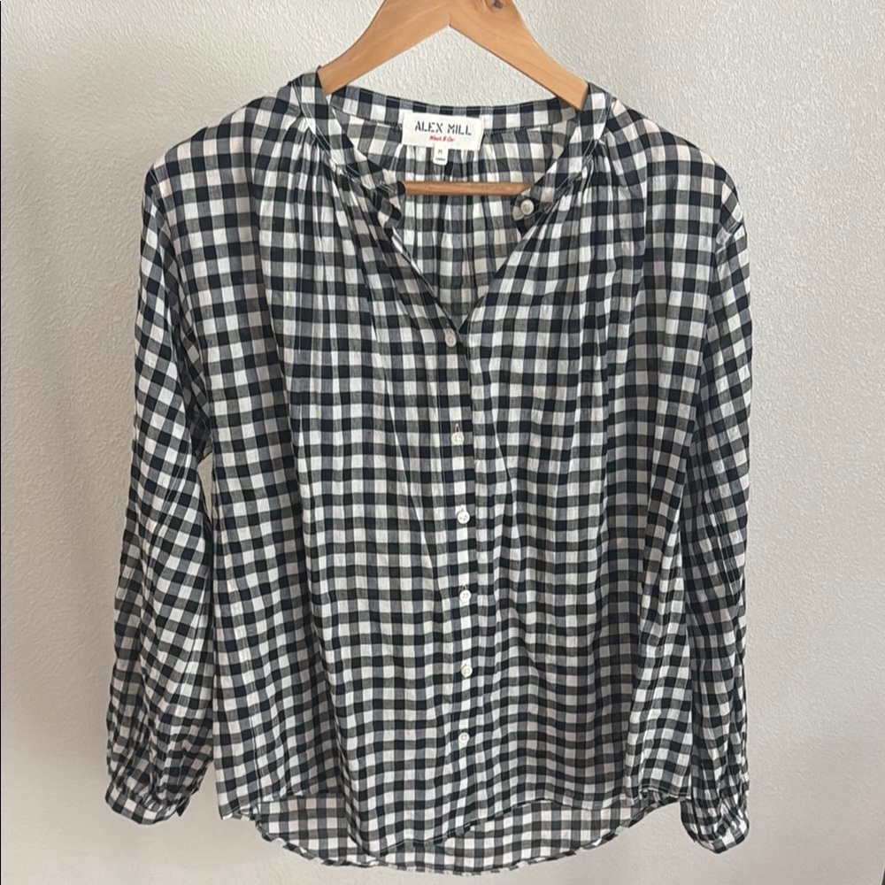 Alex Mill Wash& Go Cotton Poet Blouse Black and White check Size M